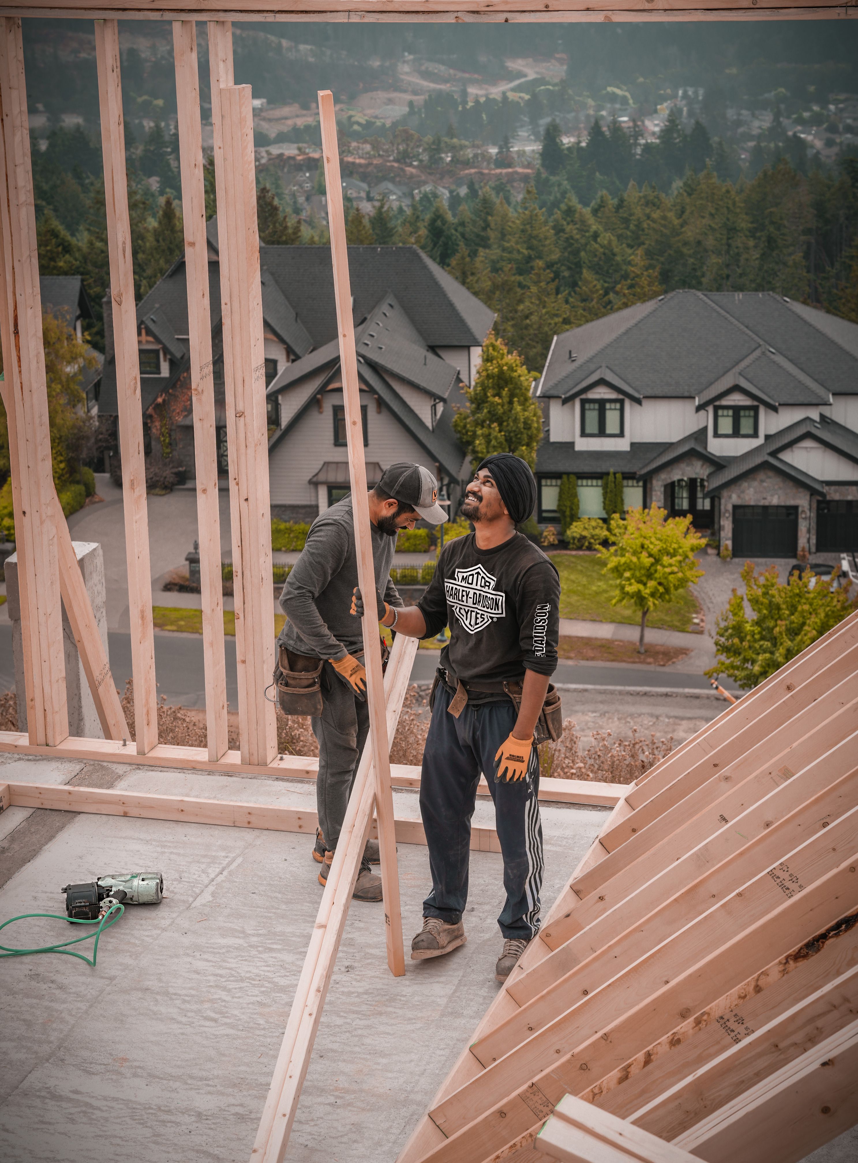Construction team working together on an active residential project